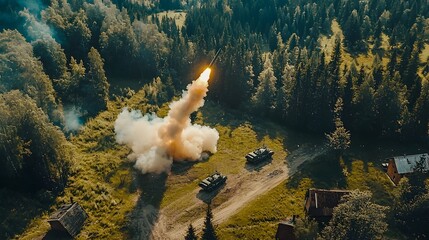 Powerful anti missile artillery system launching explosive rounds at a cruise missile flying low over a dense forested area