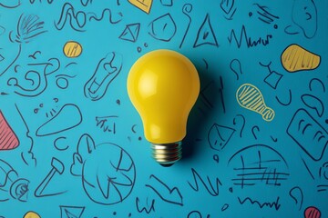Creative thinking banner featuring yellow light bulb on blue background with doodle shapes and lines