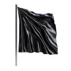 Black flag with a minimalist dark matte finish and no markings draped from a silver pole isolated on a transparent background 