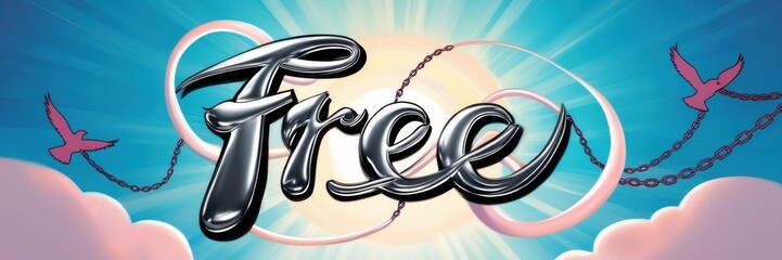 word Free against a radiant sky with beams of light emanating from a glowing sun. Promotion website banner