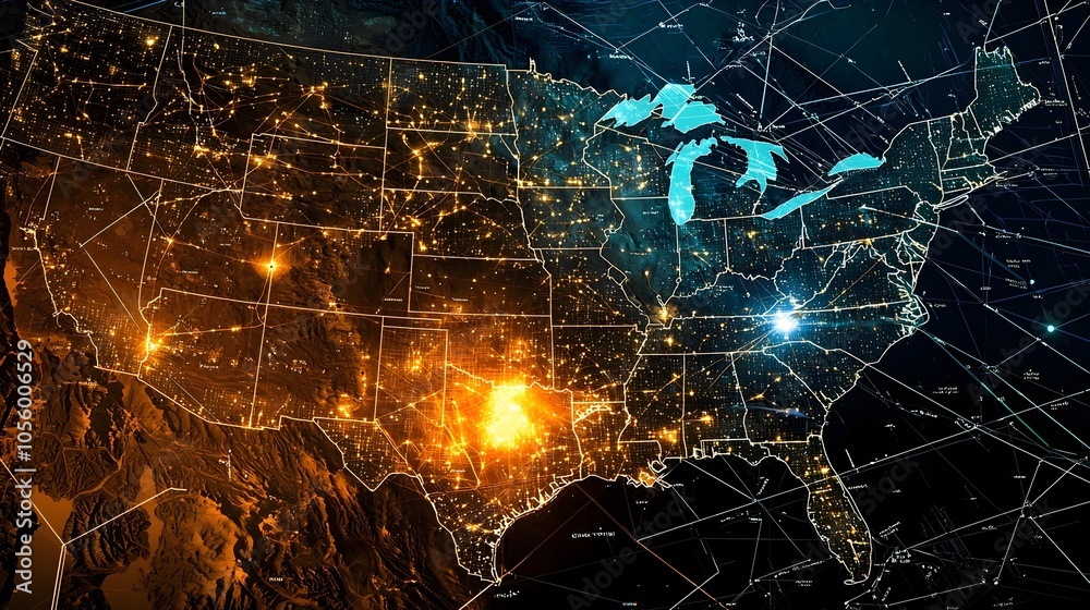 Fototapete Satellite image showing a comprehensive missile defense grid spread across a national border with critical infrastructure like radar towers communication nodes and energy systems highlighted