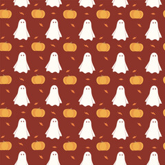 Seamless pattern halloween with cute ghost and pumpkins. Cartoon celebration vector art