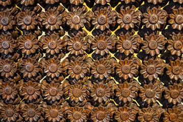 Pattern of flower carved on wood background. Details of a fine wood carving art.