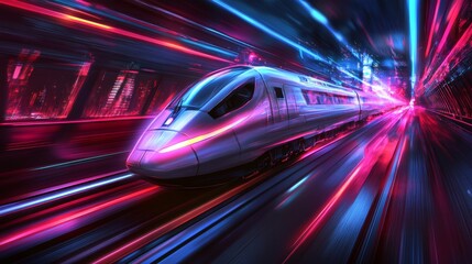 Fototapeta premium High-Speed Futuristic Train in Bright Neon City