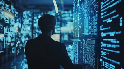 Fototapeta premium Businessman analyzing data on digital screens in a high-tech environment