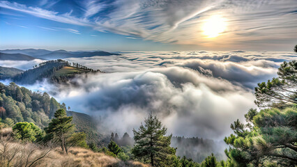 Thick fog, fog in the forest, fog in the village, landscape, fog over the city