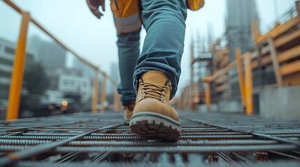 A construction worker walking on steel beams