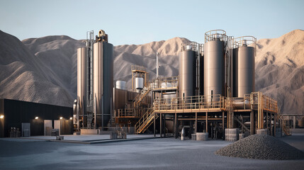 Industrial facility with large metal tanks and structures set against a backdrop of barren hills under a clear sky.