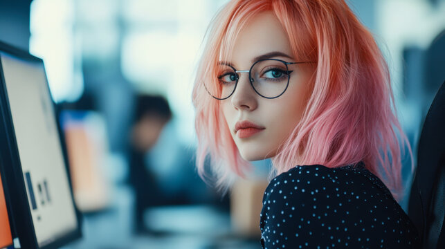 Young woman with pink hair and glasses working at a computer in a bright, modern office during the day
