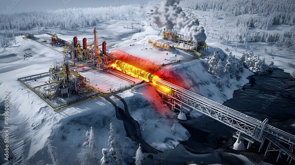 Poster thermal image showing oil flowing through insulated pipelines during cold weather in a snowy industr