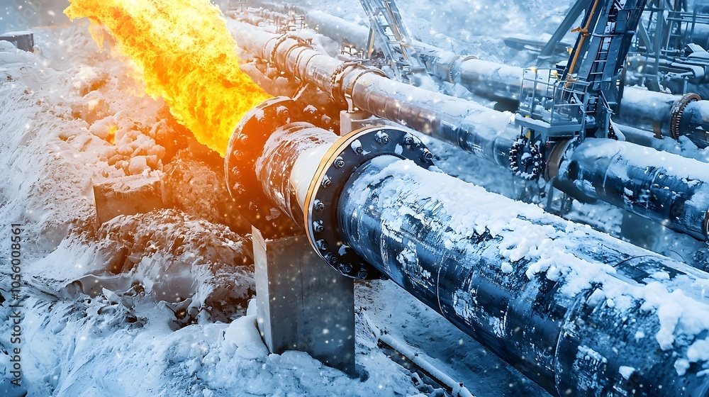 Poster thermal image showing oil flowing through insulated pipelines during cold weather The image showcases the intricate network of industrial infrastructure and the technical challenges of maintaining