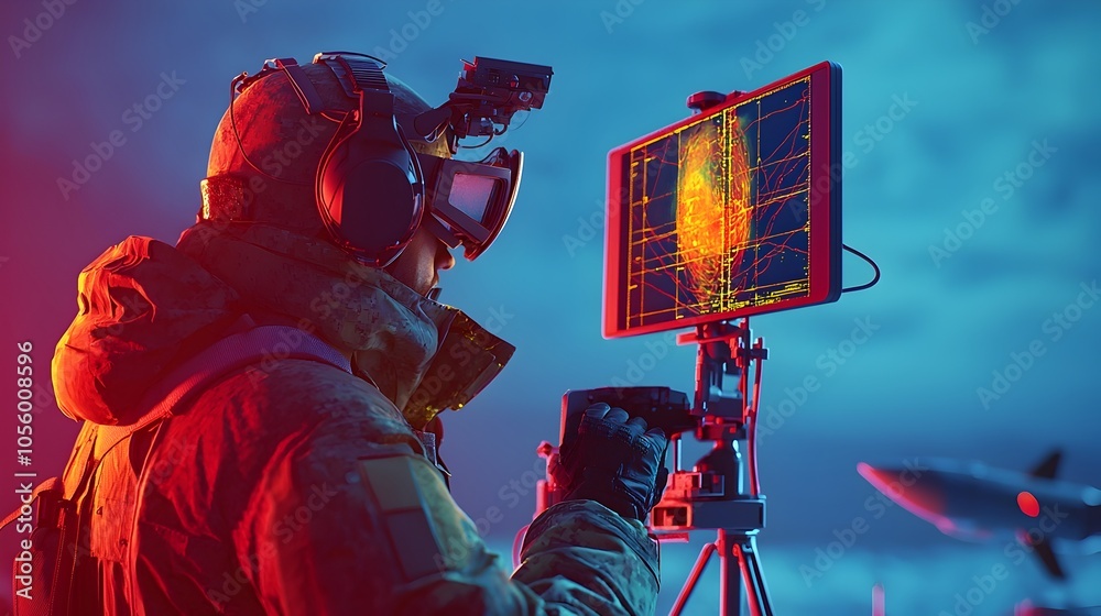 Poster Thermal imaging technology used in an advanced anti missile defense system detecting and tracking multiple heat signatures of incoming threats in a military or aerospace security scenario