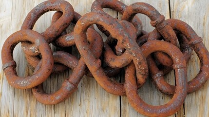 Rustic Freedom: Close-up of rusted iron chains lying on a weathered wooden surface. The broken links evoke a sense of release from confinement. Ample copy space for your message. 