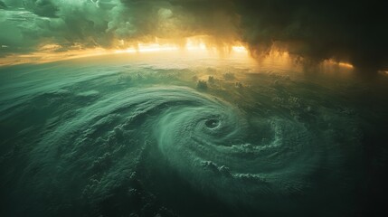 A swirling vortex of clouds forms a mesmerizing pattern beneath a stormy sky, with streaks of sunlight breaking through the darkness.