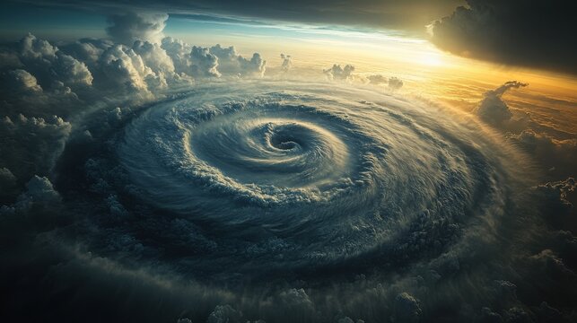 An aerial view of a swirling cloud formation, resembling a giant eye, against a backdrop of stormy skies. The light of the setting sun illuminates the scene.