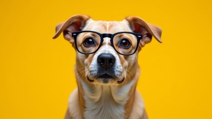Dog professor in glasses on a yellow background