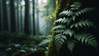 Obraz premium Close-up shot of green leaves on trees with rain droplets background of tall trees in a dense forest.