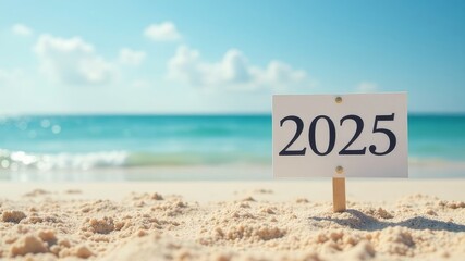 a sign with the text 2025 stands on a sandy beach by the sea