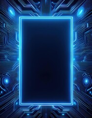 A blue neon frame on a circuit board with a black background