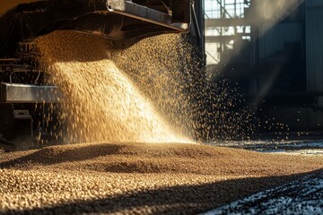 Wheat unloading at a large grain dock  cargo truck filling with flowing grain on industrial surface