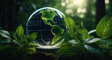 3D-rendered globe with glowing green leaves, representing sustainable energy in a minimalist style