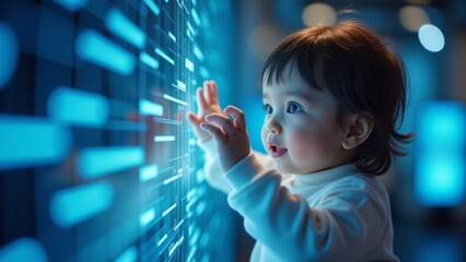 Young Child Exploring Interactive Technology at a Modern Exhibition Center During a Daytime Visit