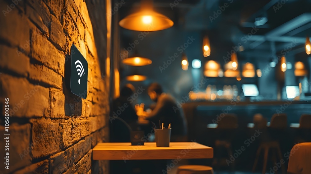 Poster warm and inviting lounge space featuring a prominent wifi signal sign highlighting the connectivity 