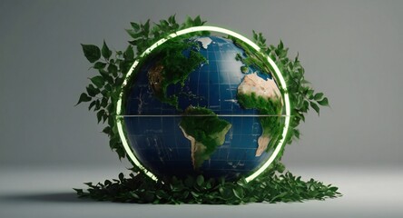 3D-rendered globe with glowing green leaves, representing sustainable energy in a minimalist style