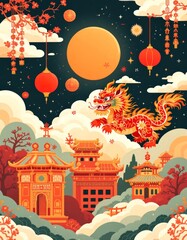 Vibrant chinese new year symbols with lanterns and dragon design for festival posters