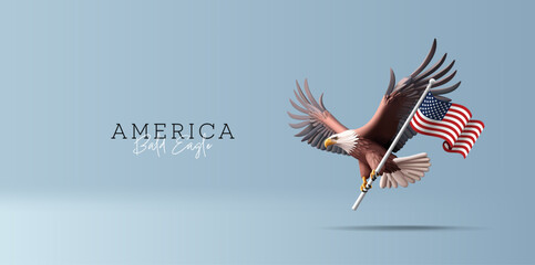 A bald eagle holds an American flag in its talons. 3d realistic image. Symbol of America, strength. Vector illustration. © YarM