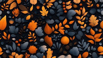 Seamless pattern featuring stylized orange and gray autumn leaves on a dark background, showcasing various leaf shapes and sizes in an elegant design.