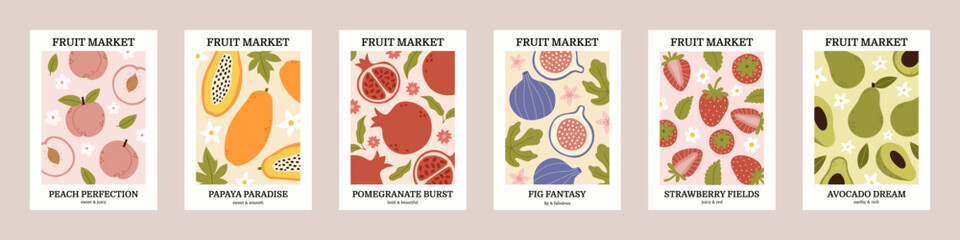 Set of different modern posters with tropical fruits. Peach, fig, avocado, strawberry, papaya, pomegranate. Vintage interior print art. Naive hand drawn vector illustration