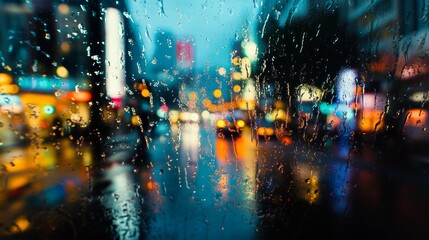 Abstract city lights through a wet windowpane on a rainy night.