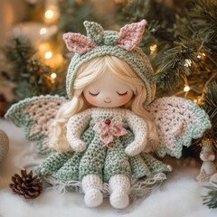 Nice beautiful New Year and Christmas fairy crocheted handmade hand decor, craft, creative art decor picture holiday 