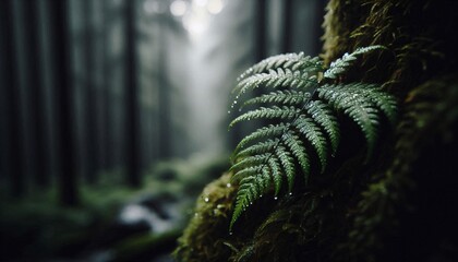 Close-up shot of green leaves on trees with rain droplets background of tall trees in a dense forest.