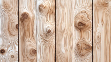 Close-up view of five vertical wooden planks with distinctive swirling grain patterns and knots in various shades of brown and beige.