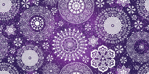Christmas purple pattern with vintage snowflakes, stars, swirls, snowfall. Seamless texture. Vector