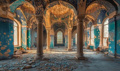Obraz premium Ruined building with columns, arches, and mosaic details.