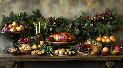 Sophisticated Holiday Feast Layout Featuring Succulent Roasted Pork Belly and Traditional Danish Accompaniments for a Cozy Environment