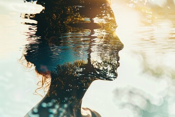 A double exposure of a womans face and trees in water reflection