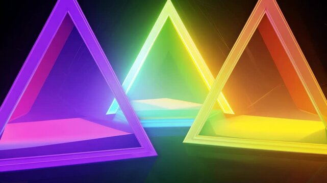 Three colorful triangles, each with a different color. The triangles are arranged in a row, with one on the left, one in the middle, and one on the right. The colors of the triangles are vibrant