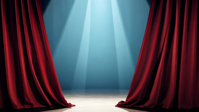 A red curtain is open, revealing a stage. The curtain is red and flowing, creating a dramatic and theatrical atmosphere