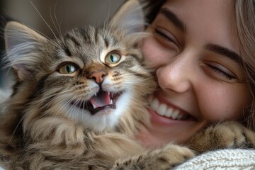 Happy Female Cat with Open Mouth Held by Smiling Woman in White Coat at Veterinary Hospital – Close-Up Stock Photo

