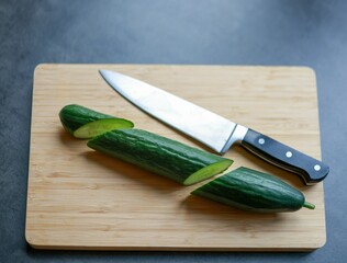 Top view of a green cucumber with a black grip kitchen knife on a bamboo cutting board