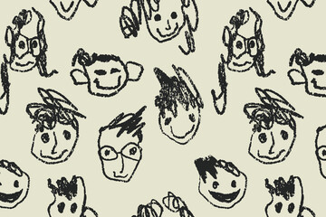 Funny pattern of human faces hand drawn in primitive childish style