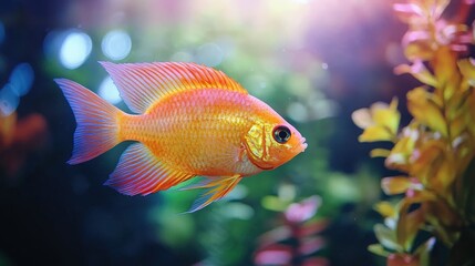 Fototapeta premium Bright orange fish swimming through lush aquatic plants in a vibrant aquarium environment
