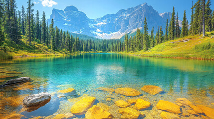 Idyllic landscape with high lands clean water lake and huge mountains covered with snow at the background, sunny day.