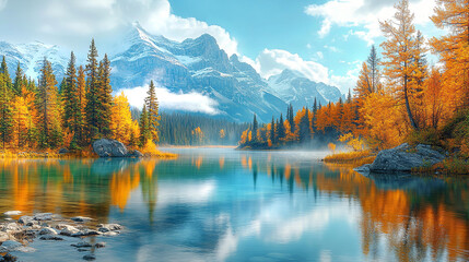 Idyllic landscape with high lands clean water lake and huge mountains covered with snow at the background, sunny day.