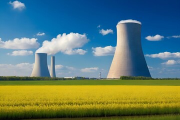 Nuclear power plant with golden glowering field of rapeseed