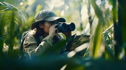 Jungle Exploration Adventure: Woman with Binoculars and Map in Lush Greenery. Generative ai